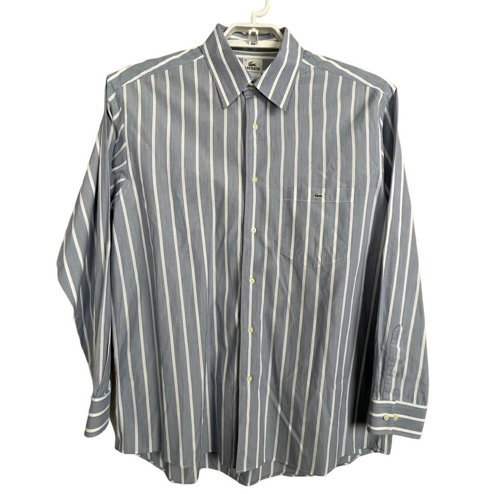 Lacoste Button Down Shirt Mens 44 Blue White Striped Cotton Long Sleeve Logo